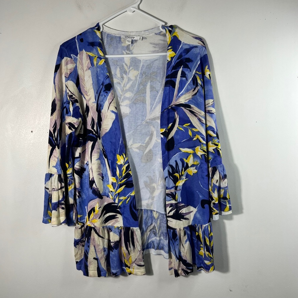 Chicos Blue Tropical Leaf Peplum Ruffle Bell Sleeve Open Front Cardigan Size 0 S
